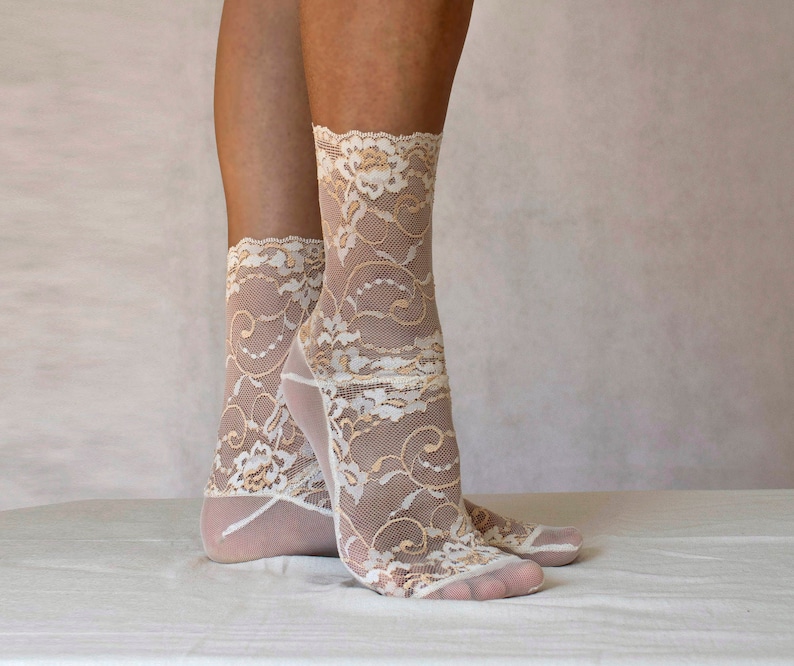 Lace Socks. Ivory and Beige Floral Scalloped Edge Design. | Etsy