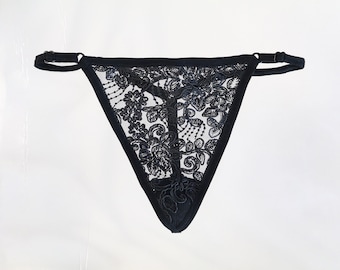 Sheer Tulle V Strings. Adjustable sides. Black Lace Lingerie