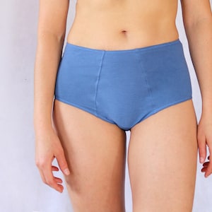 Blue Pure Organic Cotton High Waist Panties.  Hypoallergenic Sustainable Womens Underwear.