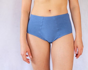 Blue Pure Organic Cotton High Waist Panties.  Hypoallergenic Sustainable Womens Underwear.