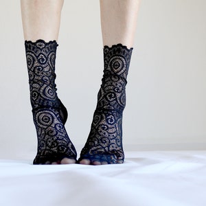 Off White Lace Socks. Scalloped Edge Lace and Mesh socks. Handmade Womens Socks Black