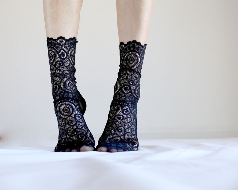 Off White Lace Socks. Scalloped Edge Lace and Mesh socks. Handmade Womens Socks Black