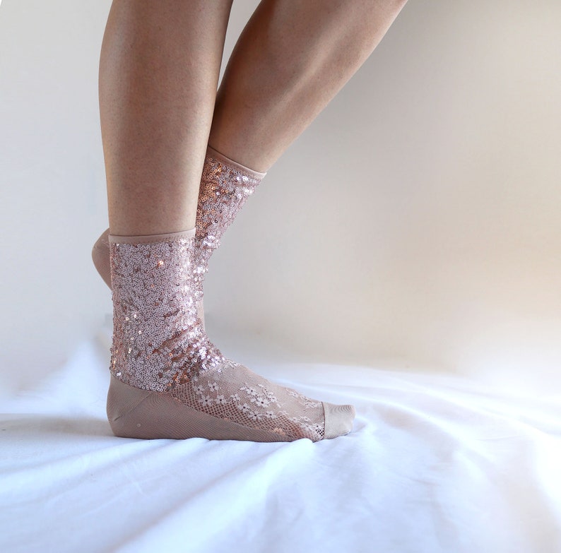 Sparkling Socks Shiny Rose Gold Sequin Lace Mesh Womens Designer Socks Custom Gift for girl image 5