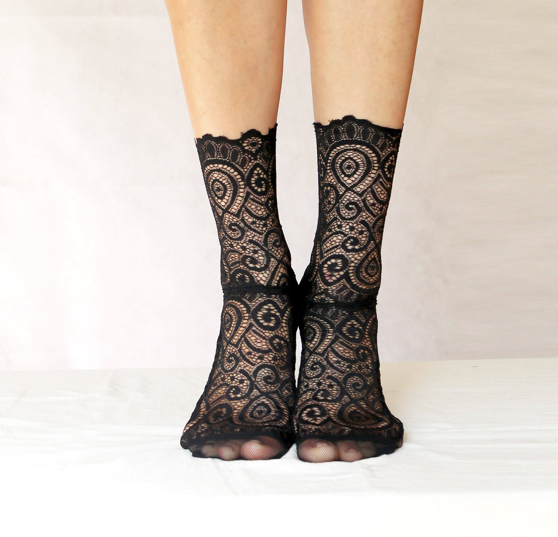 Black Lace Socks. Scalloped Edge Lace and Mesh socks. Handmade | Etsy