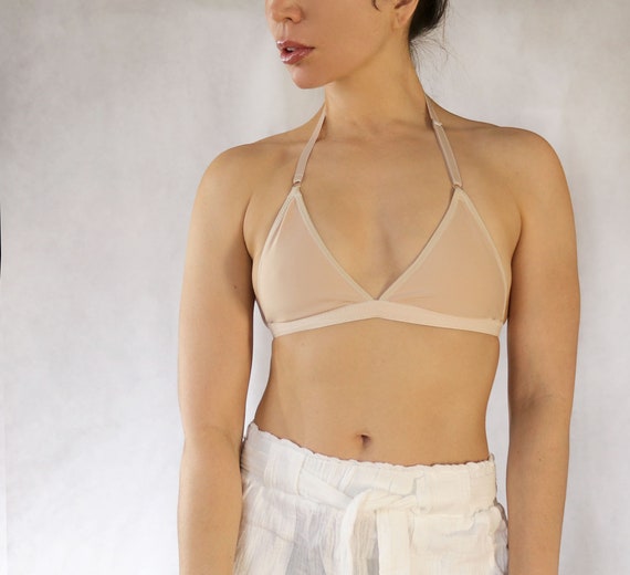 Halter Bralette. Beige Backless Bra. Wireless Open Back Bra