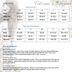 May include: Size chart for clothing in US inches and international centimetres. The chart includes measurements for bust, waist, and hip in XS, S, M, L, and XL sizes. The chart also includes instructions on how to measure bust, waist, and hip.