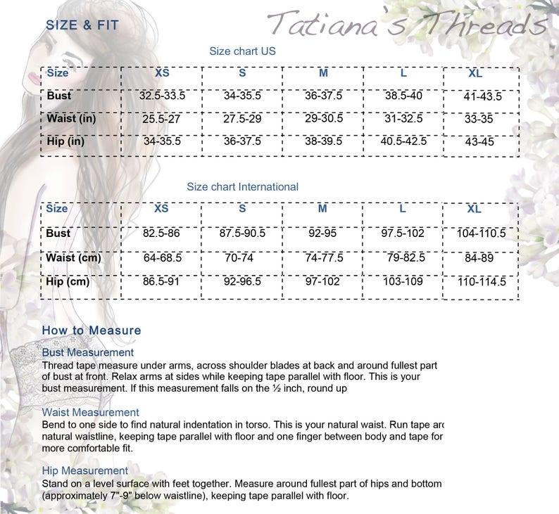 May include: Size chart for clothing in US inches and international centimetres. The chart includes measurements for bust, waist, and hip in XS, S, M, L, and XL sizes. The chart also includes instructions on how to measure bust, waist, and hip.
