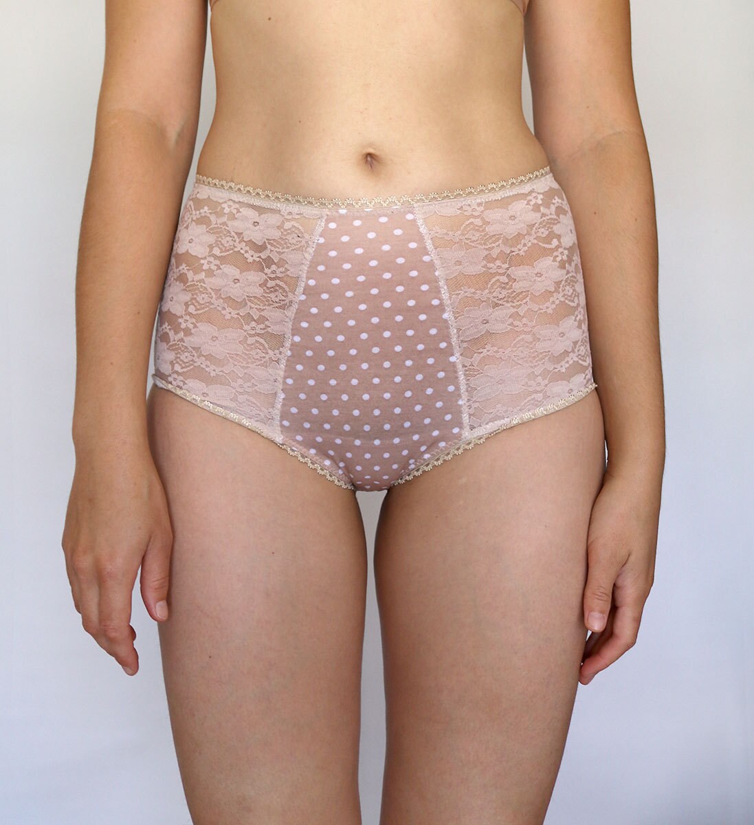 High Waist Panties. Dotted Beige Cotton Blend and Lace Etsy