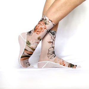 Floral Mesh Socks. Sheer Nylon Socks. Handmade Women's Socks. Ankle Socks image 2