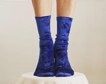 Royal Blue Velvet Socks. Handmade Women's Socks
