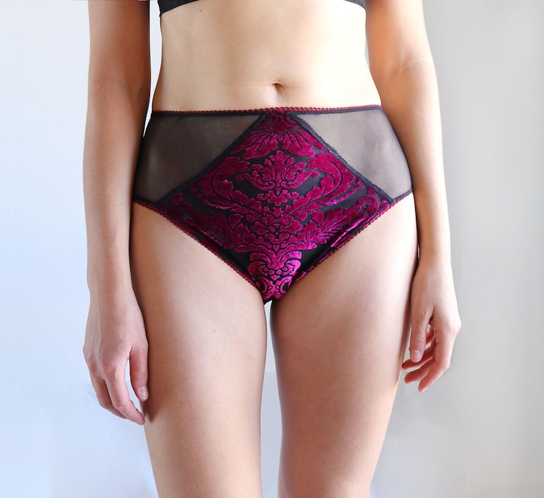 Hight Waist Velvet Panties. Deep Red Magenta and Black Mesh Etsy