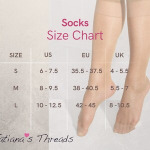 May include: A size chart for socks with the sizes listed in US, EU, and UK sizes. The chart shows the following sizes: S (6-7.5 US, 35.5-37.5 EU, 4-5.5 UK), M (8-9.5 US, 38-40.5 EU, 5.5-7 UK), and L (10-12.5 US, 42-45 EU, 8-10.5 UK).