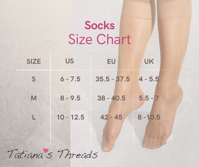 May include: A size chart for socks with the sizes listed in US, EU, and UK sizes. The chart shows the following sizes: S (6-7.5 US, 35.5-37.5 EU, 4-5.5 UK), M (8-9.5 US, 38-40.5 EU, 5.5-7 UK), and L (10-12.5 US, 42-45 EU, 8-10.5 UK).