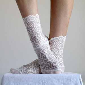 Off White Lace Socks. Scalloped Edge Lace and Mesh socks. Handmade Womens Socks image 1