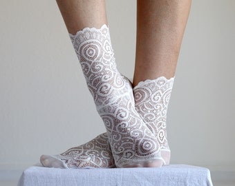 Off White Lace Socks. Scalloped Edge Lace and Mesh socks. Handmade Women’s Socks