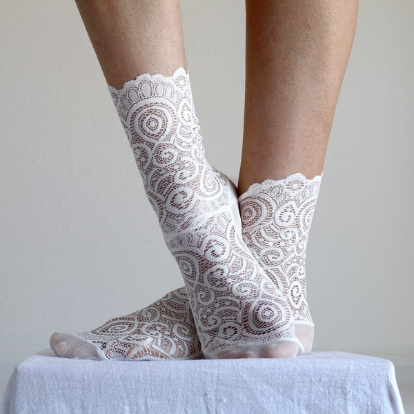 Off White Lace Socks. Scalloped Edge Lace and Mesh socks. Handmade Women’s Socks