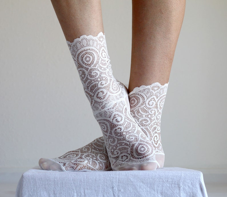Off White Lace Socks. Scalloped Edge Lace and Mesh socks. Handmade Womens Socks Off White