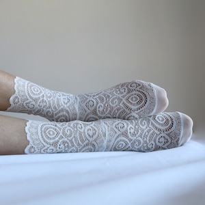 Off White Lace Socks. Scalloped Edge Lace and Mesh socks. Handmade Womens Socks image 3