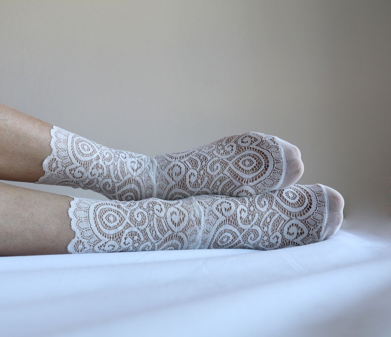 Off White Lace Socks. Scalloped Edge Lace and Mesh socks. Handmade Womens Socks image 3