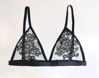 Sheer Bra. Black bralette. Embroidered bra see through Lingerie. Gift