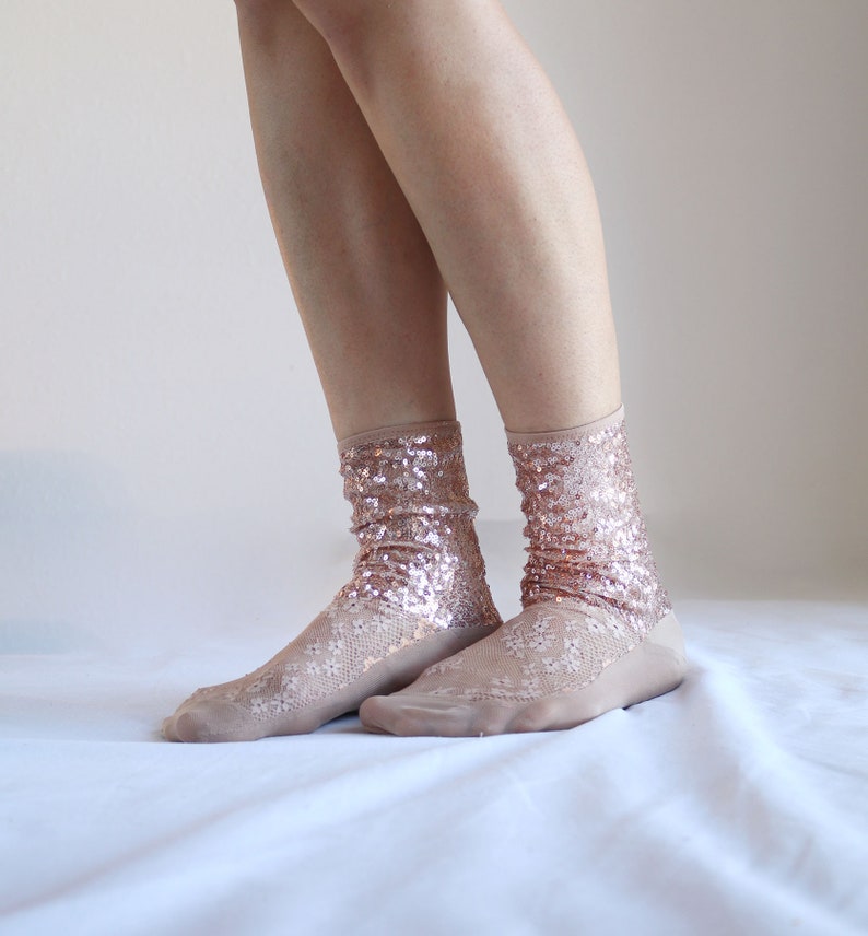 Sparkling Socks Shiny Rose Gold Sequin Lace Mesh Womens Designer Socks Custom Gift for girl image 4