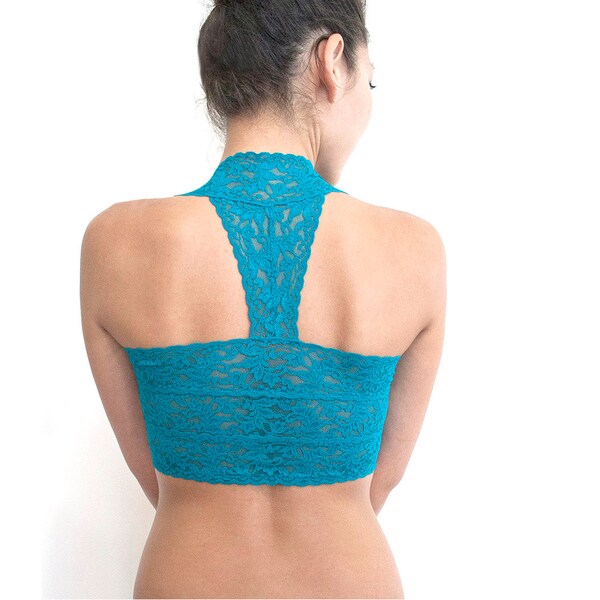 TEAL GREEN Lace Bralette. Halter Wireless Bra Top. Wide Straps. Unique Lingerie. Striking Color