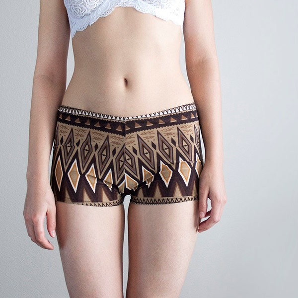 Geometric Brown. Women's Boy Shorts. Girls Shorts. Ethnic Inspired Print. Bohemian Earthy