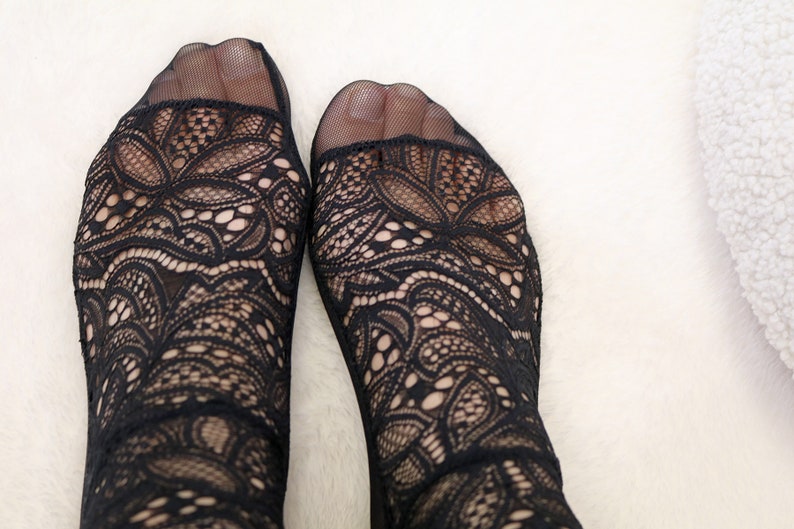 Black Lace Socks. Scalloped Edge Lace and Mesh socks. Handmade Womens Socks image 5