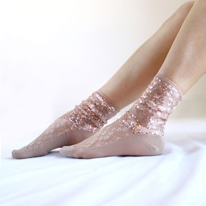 Sparkling Socks Shiny Rose Gold Sequin Lace Mesh Womens Designer Socks Custom Gift for girl image 1