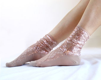 Sparkling Socks Shiny Rose Gold Sequin Lace Mesh Womens Designer Socks Custom Gift for girl