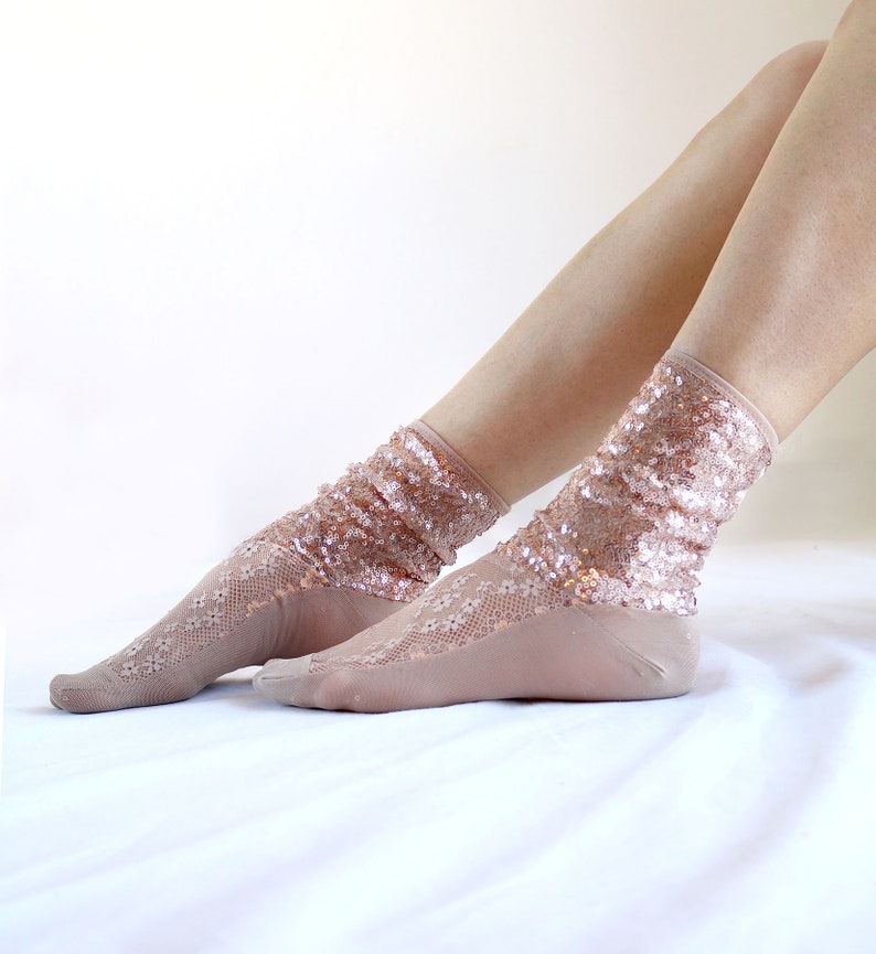 Sparkling Socks Shiny Rose Gold Sequin Lace Mesh Womens Designer Socks Custom Gift for girl image 1