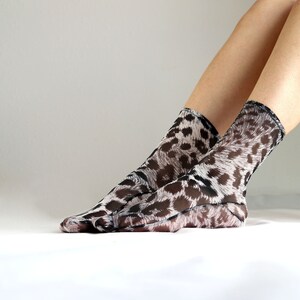 Leopard Print Mesh Socks. Sheer Nylon Socks. Handmade Ankle Socks. Snow Leopard