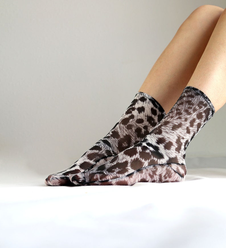 Leopard Print Mesh Socks. Sheer Nylon Socks. Handmade Ankle Socks. Snow Leopard