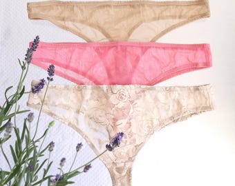 3 Pairs Sheer Mesh Thong Panties.  Breathable Invisible Underwear. Nude Beige Lace