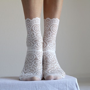 Off White Lace Socks. Scalloped Edge Lace and Mesh socks. Handmade Womens Socks image 2