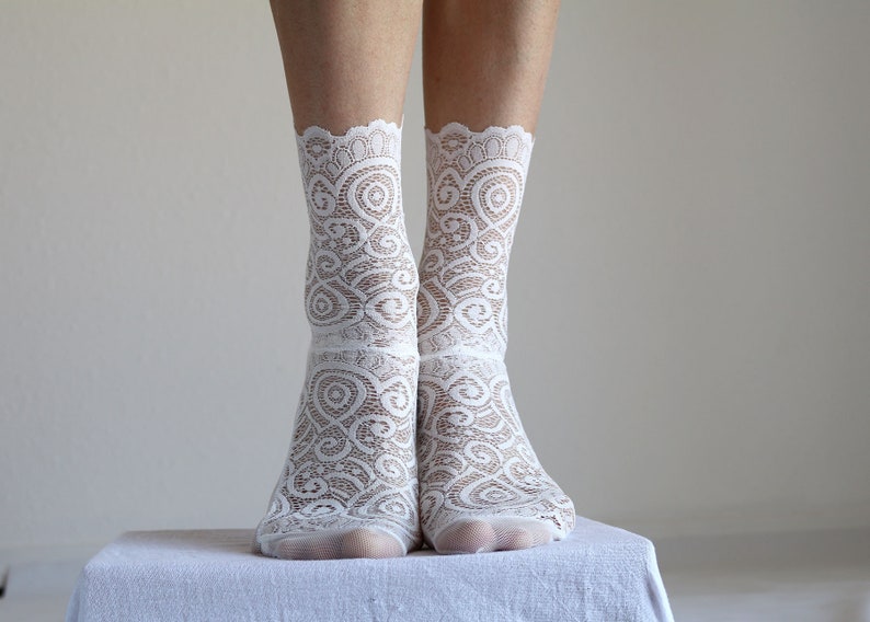 Off White Lace Socks. Scalloped Edge Lace and Mesh socks. Handmade Womens Socks image 2