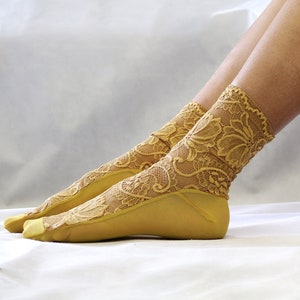 Lace Socks. Beige Lace Women's Socks. Mesh Womens Socks. Gift Idea for her Mustard Yellow