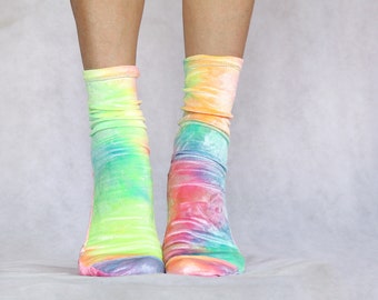 Tie Dye Rainbow Bright Velvet Socks. Handmade Women's Socks.