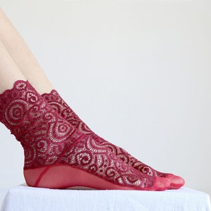 Burgundy Red Lace Socks. Scalloped Edge Lace and Mesh socks. Handmade Women’s Socks