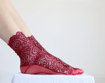 Burgundy Red Lace Socks. Scalloped Edge Lace and Mesh socks. Handmade Women’s Socks