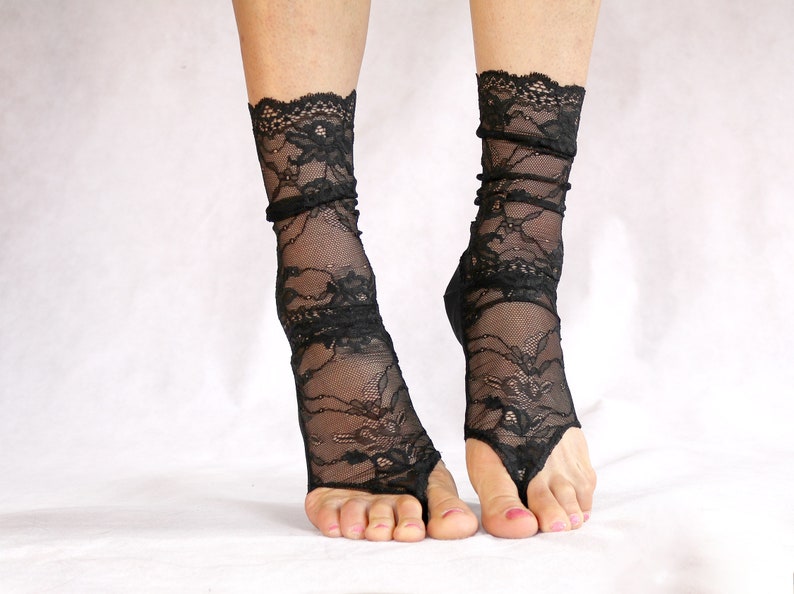 Black Lace Thong Socks. Women's Toeless Socks. image 4