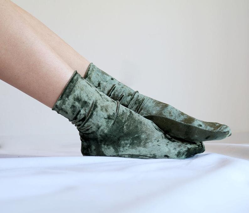 White Ivory Velvet Socks. Handmade Women's Socks Olive Green