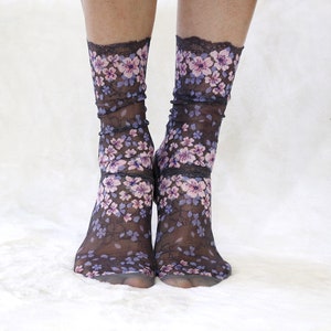 Embroidered Lace Women's Socks. Smoky Gray Floral image 2