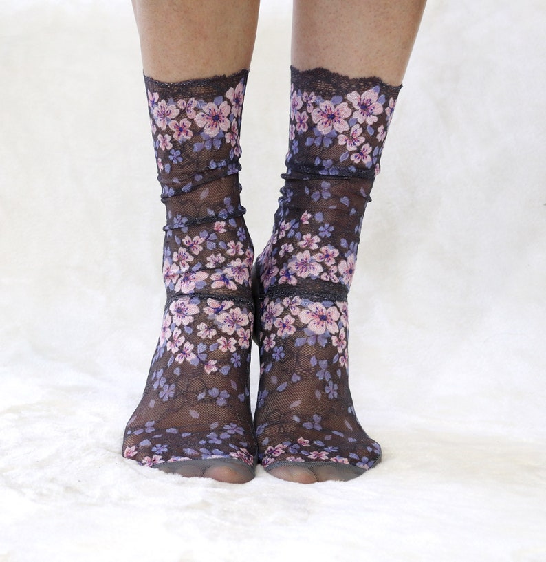 Embroidered Lace Women's Socks. Smoky Gray Floral image 2