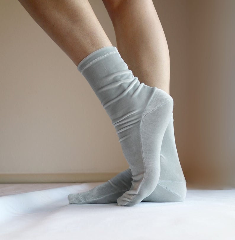 Light Blue Velvet Socks. Handmade Women's Socks Silver Grey