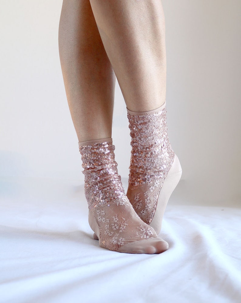 Sparkling Socks Shiny Rose Gold Sequin Lace Mesh Womens Designer Socks Custom Gift for girl image 2