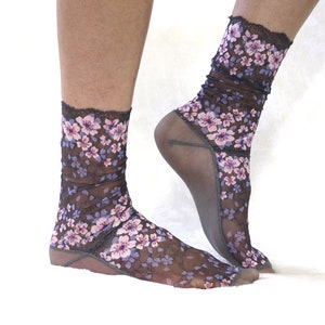 Embroidered Lace Women's Socks. Smoky Gray Floral image 4