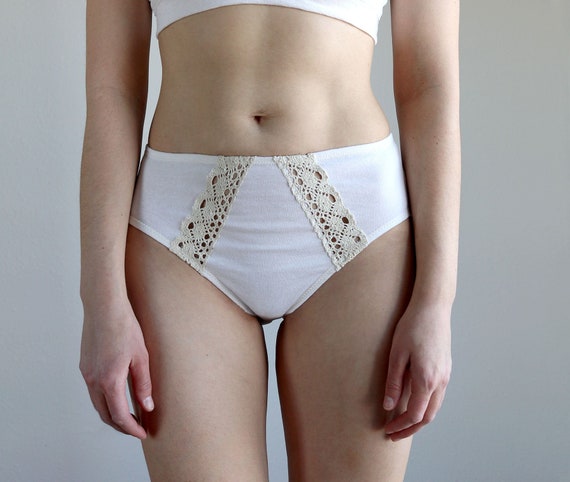 High Waist 100% Organic Cotton Panties With Cotton Lace Inserts. Natural -   Canada