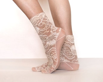Lace Socks. Beige Lace Women's Socks. Mesh Womens Socks. Gift Idea for her