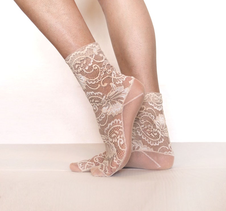 Lace Socks. Beige Lace Women's Socks. Mesh Womens Socks. Gift Idea for her image 1